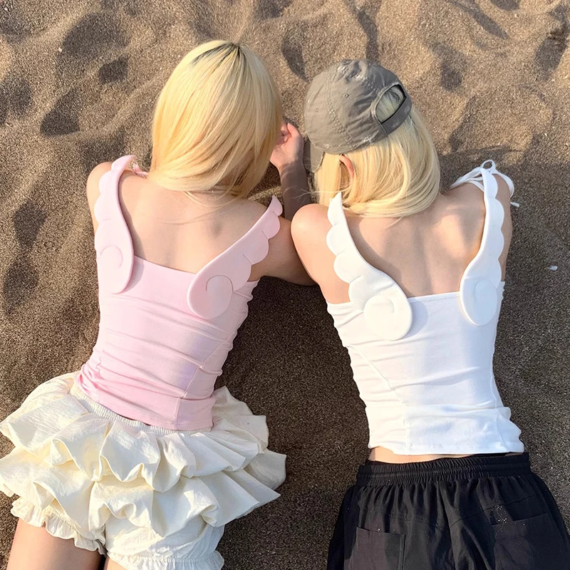 Asas de anjo camisola feminina verão ins sem mangas doce feriado diário com decote em u topos