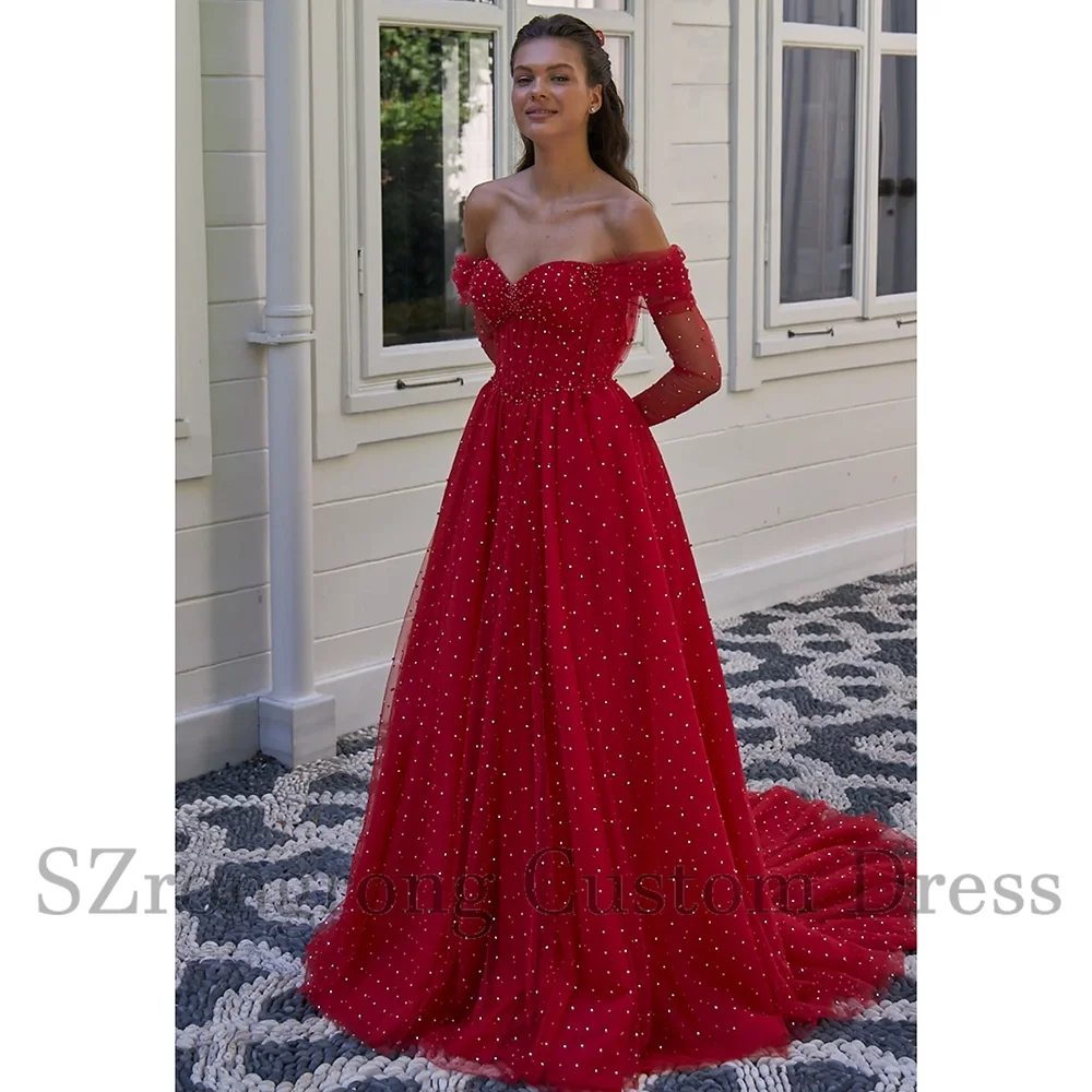 

Custom Made Off Shoulder Shiny Sequins A-line Tulle Bridal Evening Gown Backless Floor Length Prom Party Dress with Sweep Cout