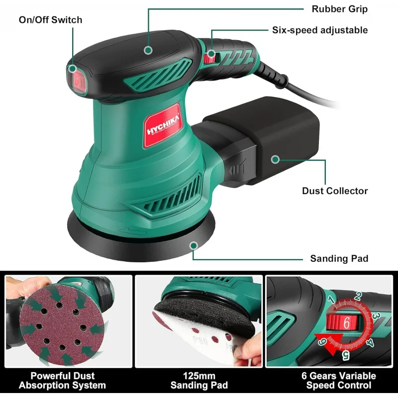 5-Inch Random Orbital Sander, HYCHIKA 13000RPM Electric  with 6 Various Speeds, Palm 12 Pcs Sandpapers