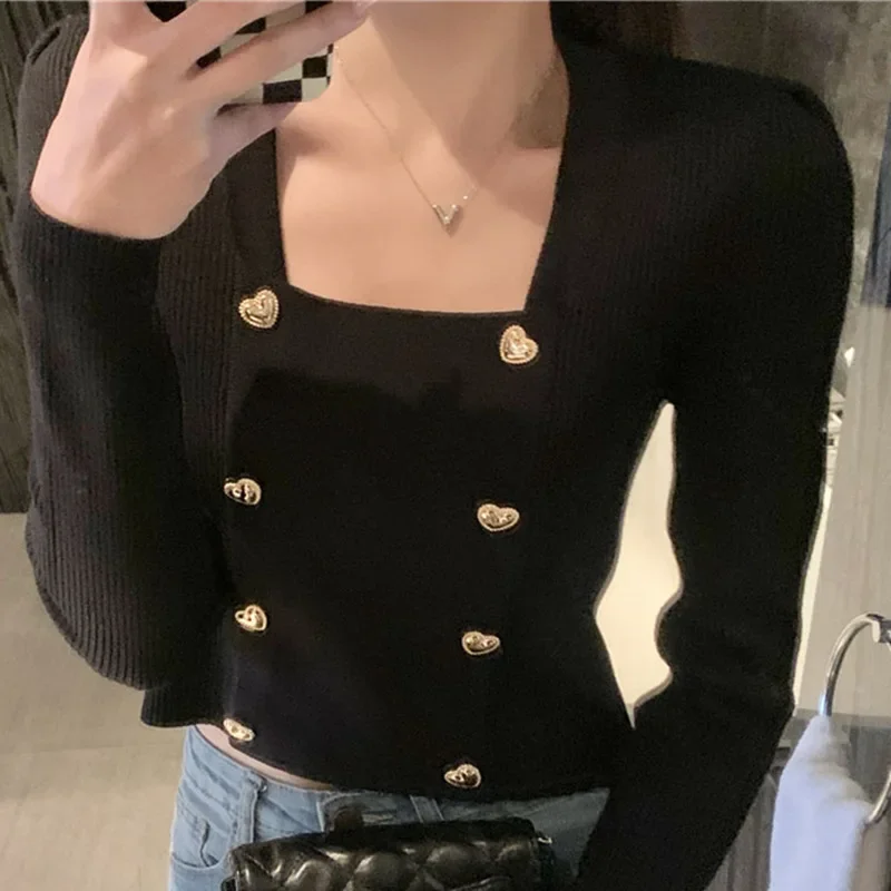 Korean Style New Arrival Initial Autumn Square Collar Locking Clavicle Knitted Top Elegant Versatile Design Sensibility Niche Cr