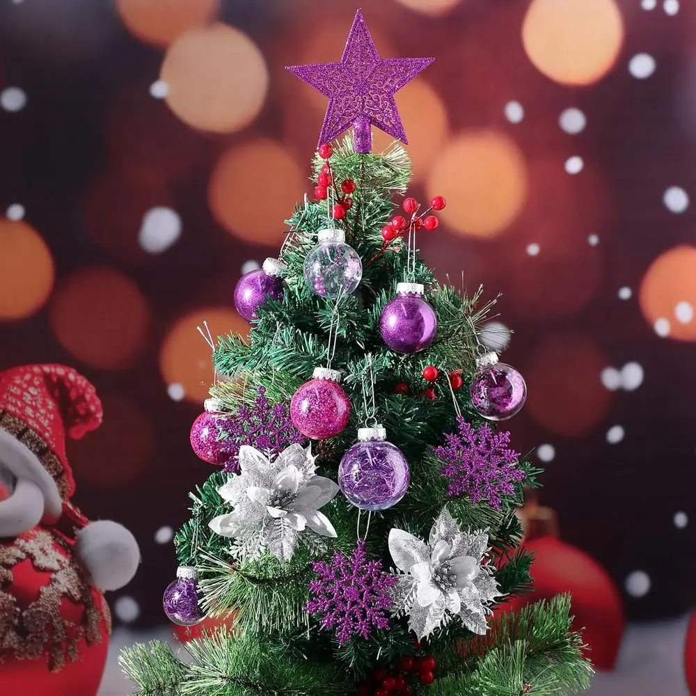 طقم زينة كرة عيد الميلاد مكون من 74 قطعة مقاومة للكسر باللون الأرجواني مع رقاقات الثلج والأشرطة والبونسيتة وطبقة شجرة