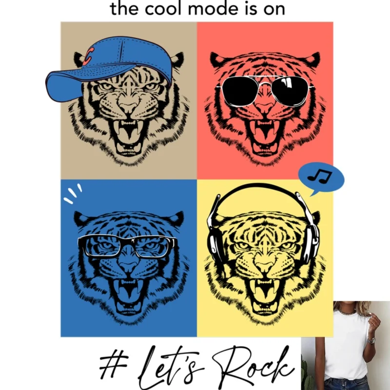 Trendy Fun Tiger with Cap, Sunglasses & Headphones Heat Transfer White Ink Iron - on Patch, Suitable for T - Shirts, Canvas