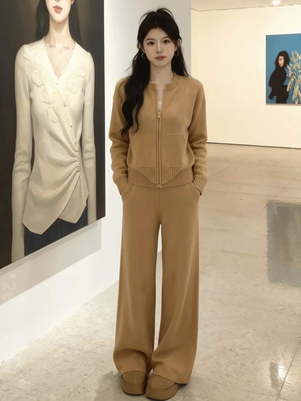 

Весенний повседневный комплект: вязаные брюки с высокой талией и широкими штанинами, облегающий кардиган с открытыми рукавами, удобный и стильный образ для отдыха