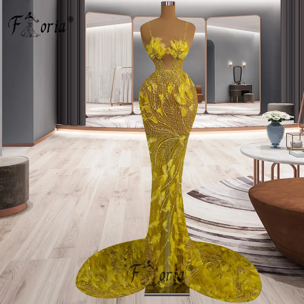 Exquisite Yellow Mermaid Party Dress Feather Beaded See Through Spaghetti Strap Formal Evening Gowns Couture Red Carpet Dresses