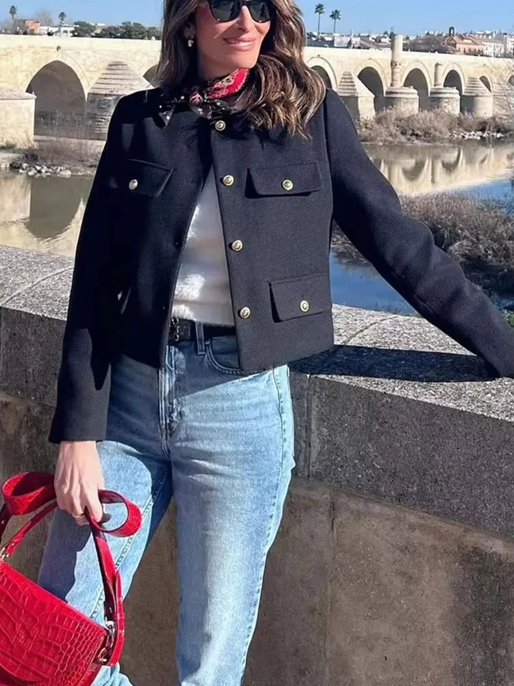 HH Giacca da donna elegante moda solida autunno monopetto girocollo cappotto con tasche top capispalla da donna da ufficio