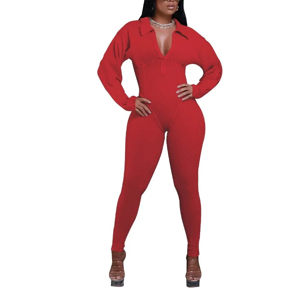 Fashion Solid High Quality Ribber Bodycon Jumpsuits Women V Neck Long Sleeve Slim Playsuits Female Elasticity Overalls