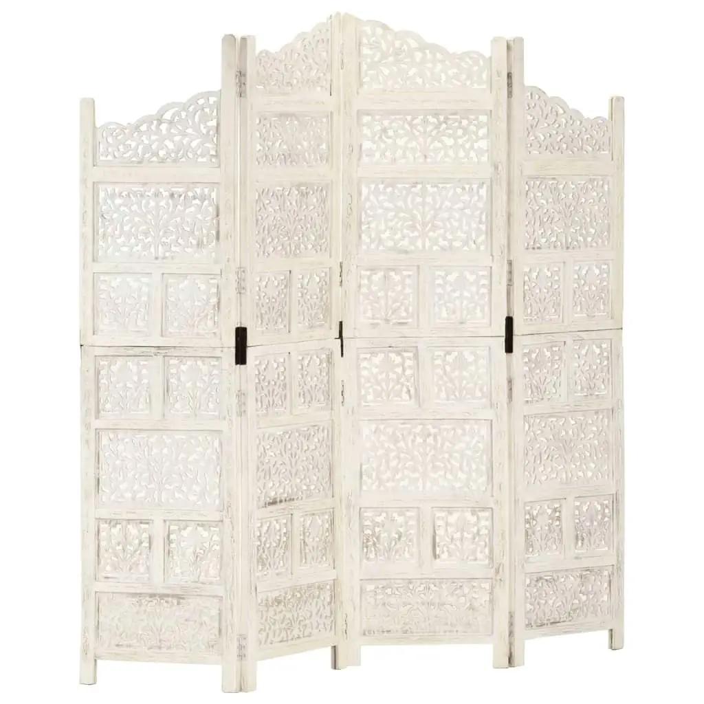 Hand Carved Four Panel Room Divider White Solid Wood 63x65cm