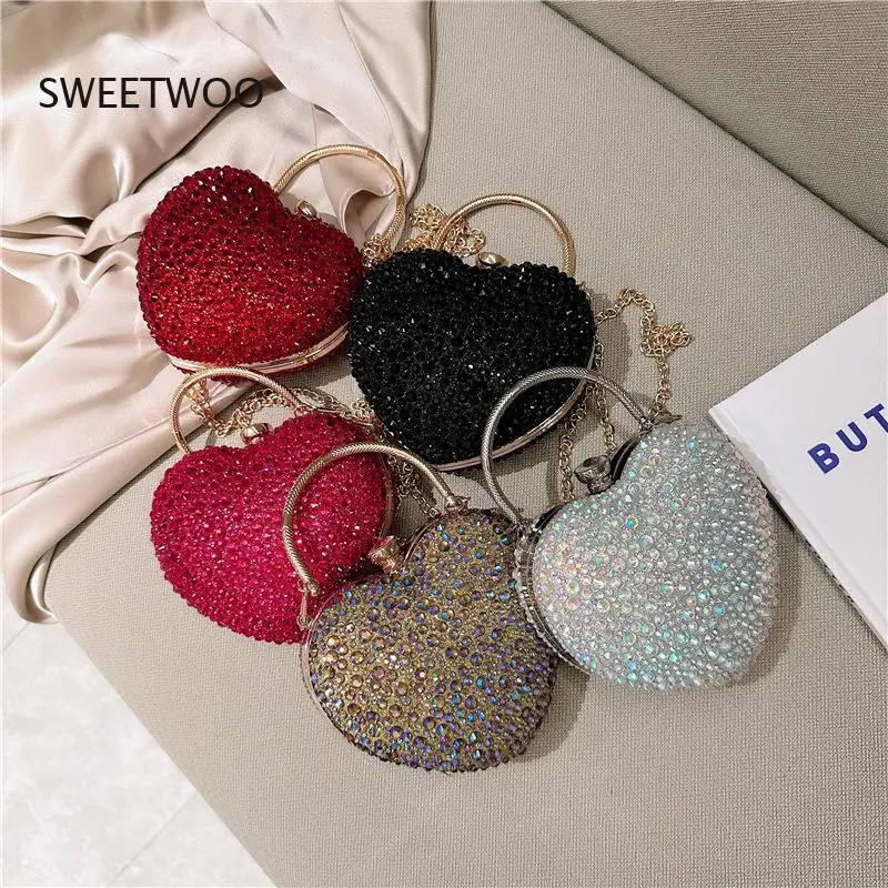 2026 New Womens Rhinestone Heart Shape Evening Bag Mini Top Handle Clutch Handbag for Party view 2