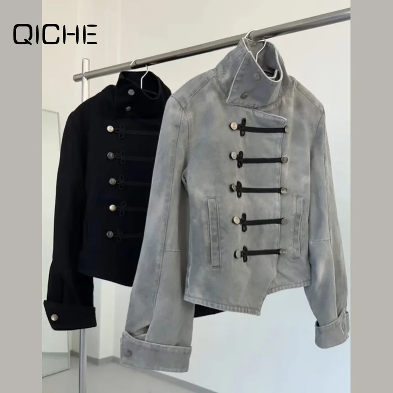 QICHE Men European‑Style Stand‑Collared Short Cargo Jacket Vintage Washed Asymmetric Placket Chinese Frog‑Button Street Outerwea