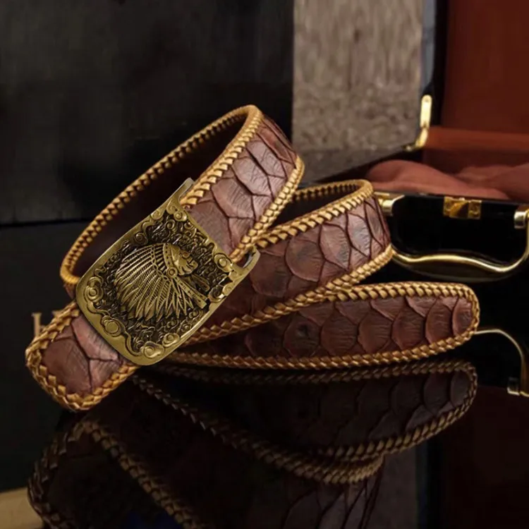 Men Real Snakeskin Belt Handmade Weave Real Leather Copper  display picture 1