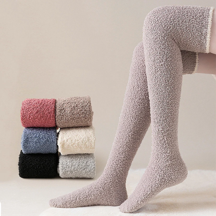 

Knee High Fuzzy Socks Soft Coral Fleece Women Winter Solid Color Warm Thigh High Stockings Winter Warm Sleep Socken