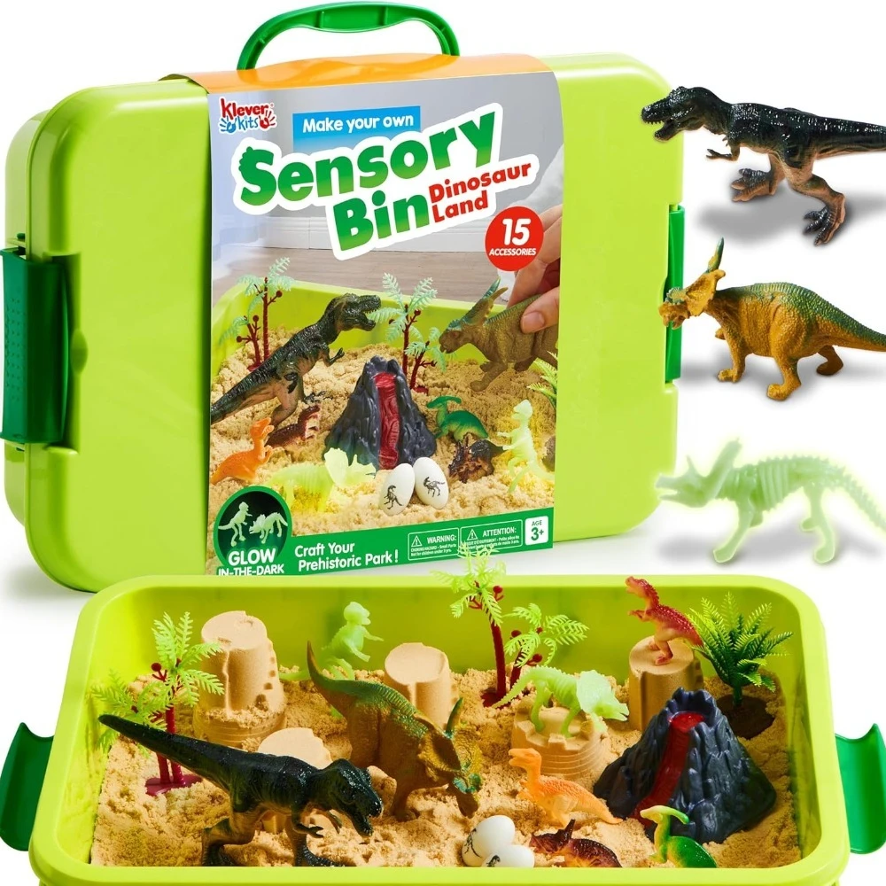 JOYFY Dinosauri Bin sensoriali Giocattoli con dinosauri che si illuminano al buio Sandbox con coperchio Sabbia Regali prescolari per ragazzi e ragazze dai 3 anni in su