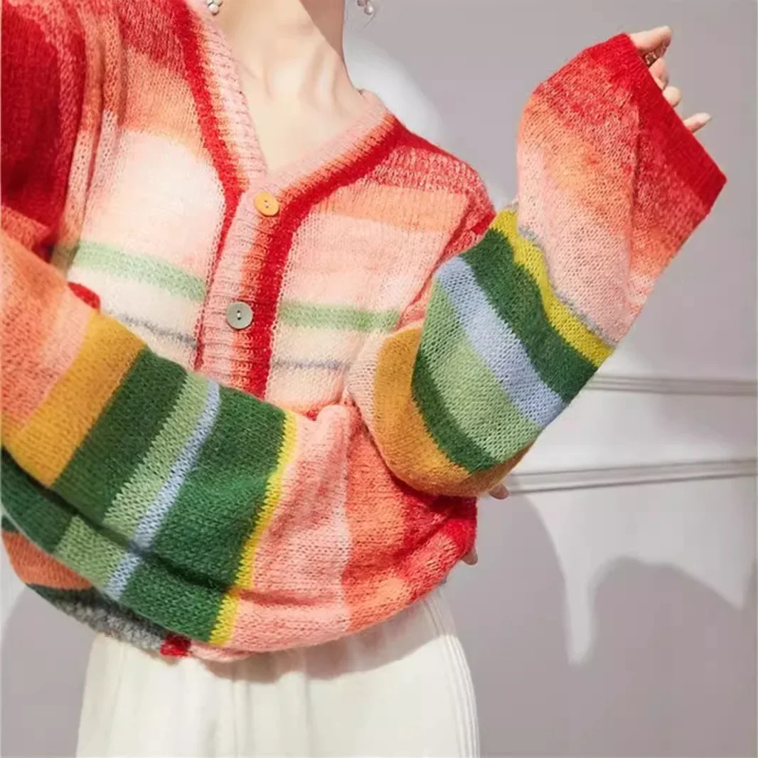 

Korean striped soft glutinous knitted cardigan women's 2024 early autumn new V-neck loose sweater jacket top