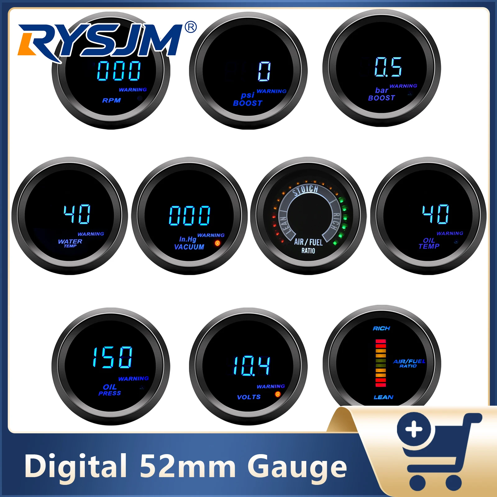 

52mm Car Auto Turbo Boost PSI BAR Gauge Water Temp Oil Pressure RPM Oil Temp Volt Vacuum Air Fuel Ratio Gauge For 12V Car Meter