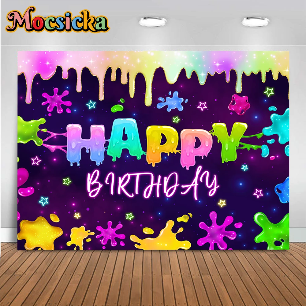 

Glow in the Dark Kids Birthday Backdrop Splash Graffiti Colorful Decoration Background Girl Bachelorette Night Party Photo Props