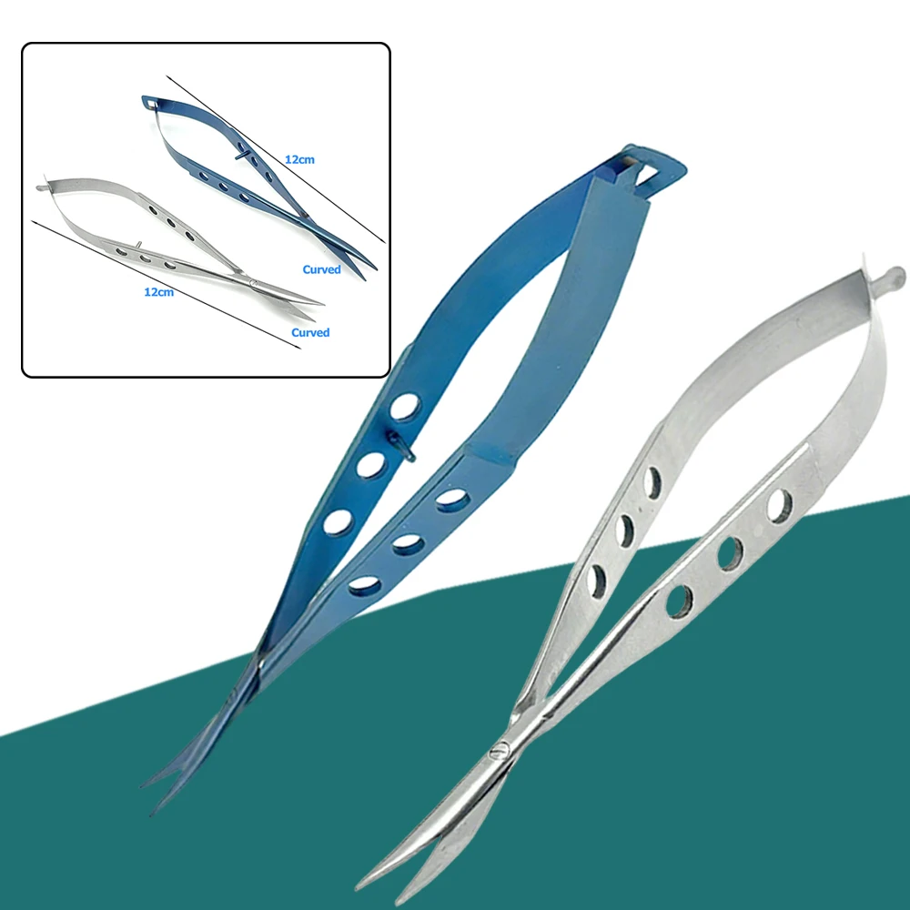 مقص عين موصل طرف منحني حاد أدوات جراحة العيون من الفولاذ المقاوم للصدأ أدوات جراحة طبية من التيتانيوم