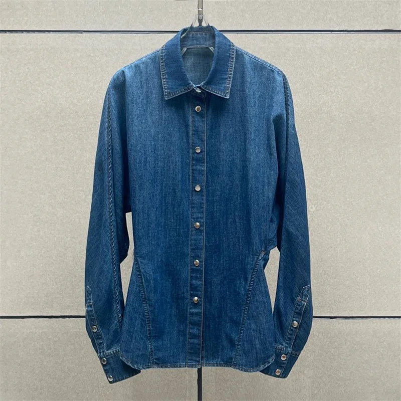 

Women's shirt New autumn 2025 single breasted slim lapel long sleeved top Vintage washed Women's blouse Cotton blend denim shirt