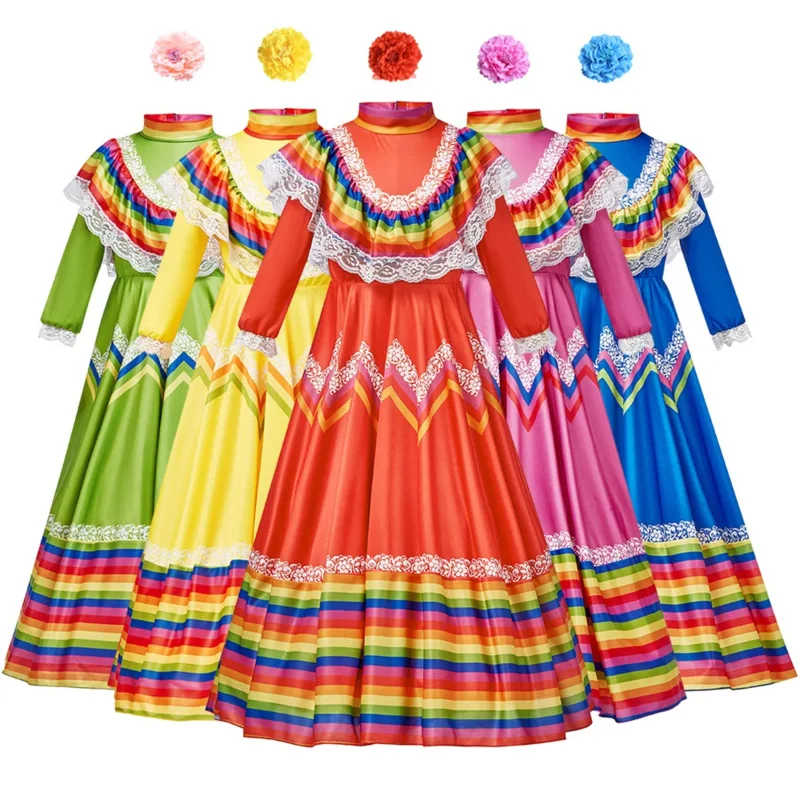 Frauen traditionelle mexikanische Volks tänzer Kleid für Erwachsene National Mexiko Stil Cinco de Mayo Kostüm Böhmen lang