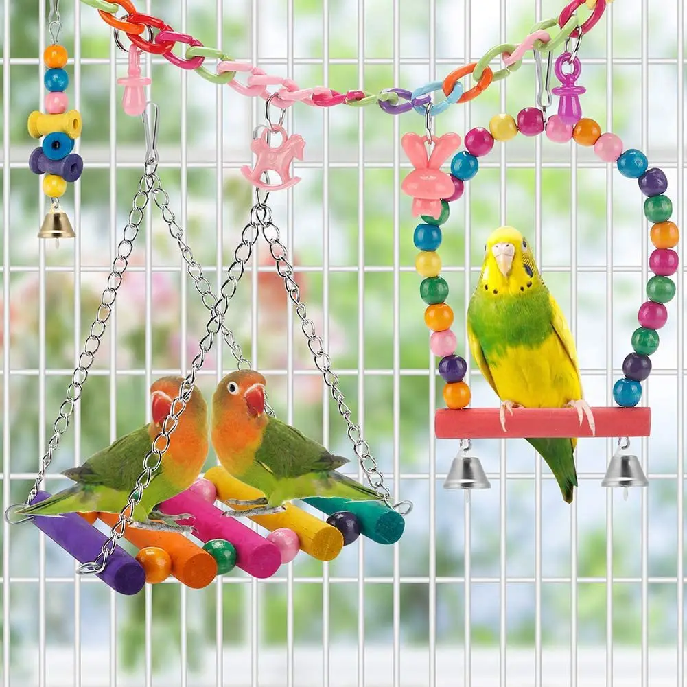 11 Pieces Parrot Play Toy Set Ladder Swing Hanging Ring Plastic Chew Balls Bird Cage Decoration Accessories