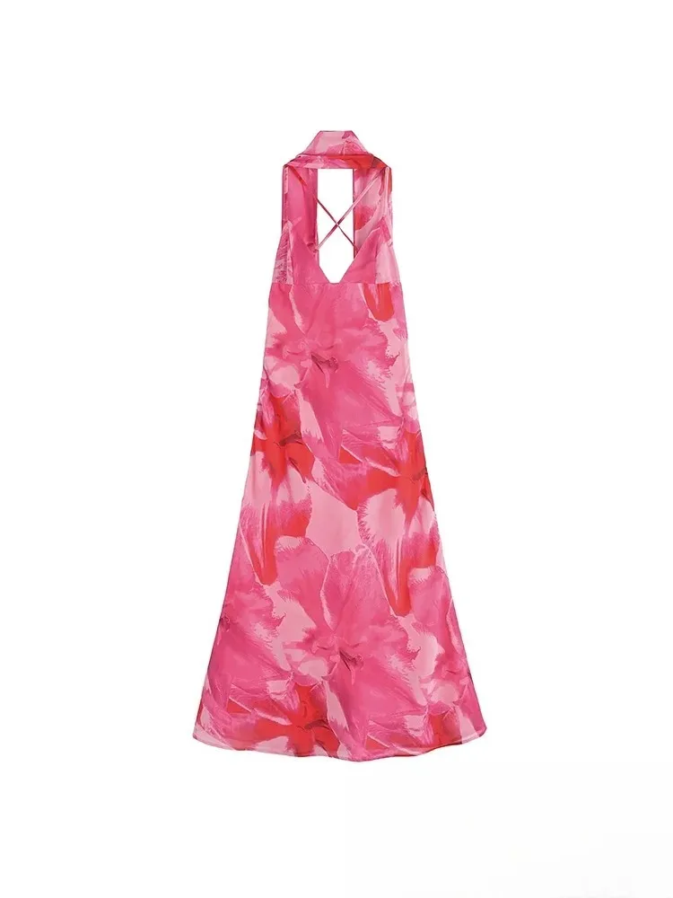 KONDALA Sexy Blumendruck Langes Kleid Damen V-Ausschnitt Rückenfrei Schal Cami Kleid Mode 2025, Urlaub Strand Party Kleid Elegantes Kleid