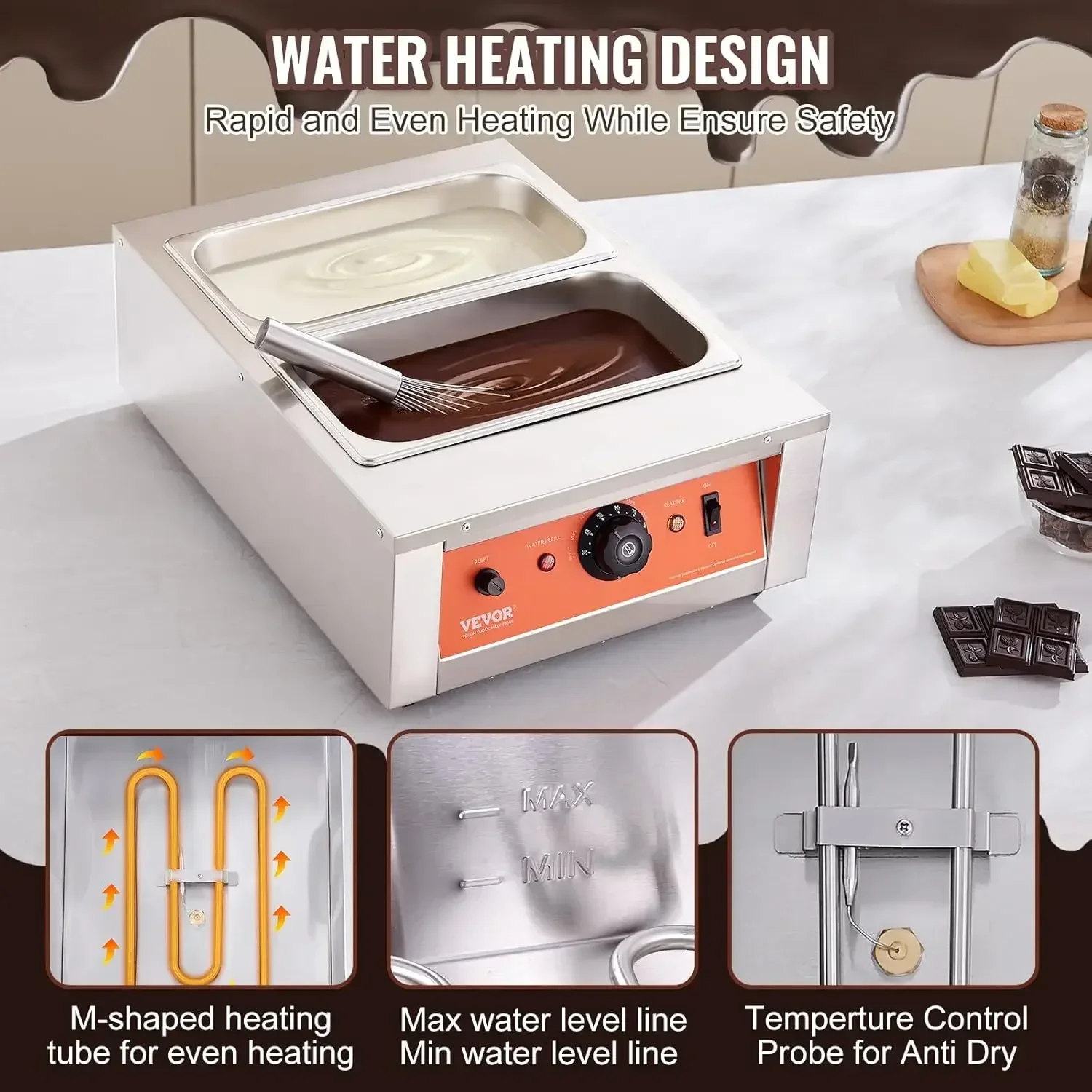 

Chocolate Tempering Machine, 17.6 Lbs 2 Tanks Chocolate Melting Pot TEMP Control 86~185℉, 1500W Stainless Steel