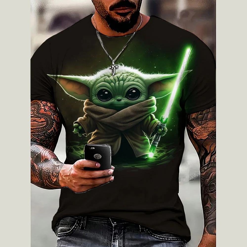 Summer T Shirt Marvel Yoda Baby PrintShort Sleeve Streetwear Oversized Tops Casual Outfits Fashion Black and White Men\'s Tee