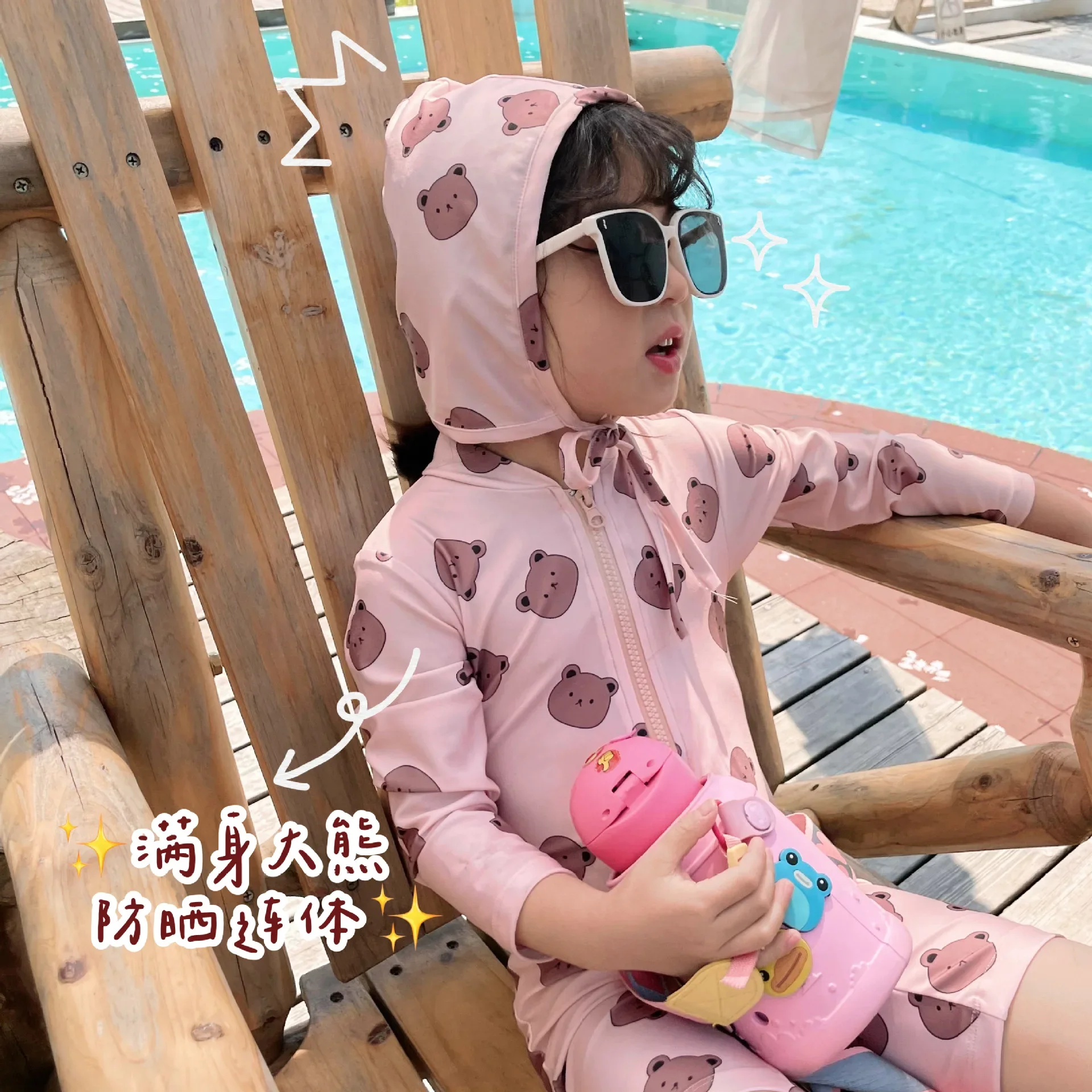 Children\'s One Piece Swimsuit Baby Girls Boys Long Sleeve Sunscreen Cartoon Bear Surfing Suit Kids Swimwear Toddler Bathing Suit