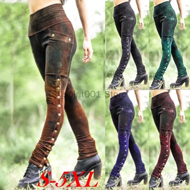 S-5XL Medieval Pirate Halloween Cosplay Costume Bottoms Women Gradient Buttoned Soldier Slim Sexy Leggings Panel Vintage Pants