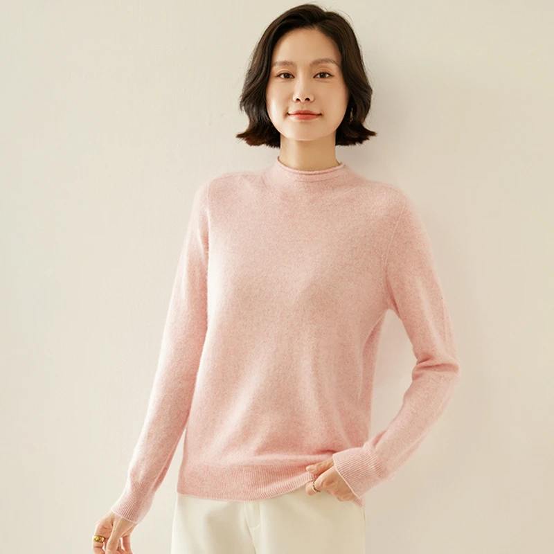 

Autumn Winter New Women Knitted 100% Cashmere Sweater Pure Color Half High Collar Loose Bottom Shirt Roll Edge Casual Pullover