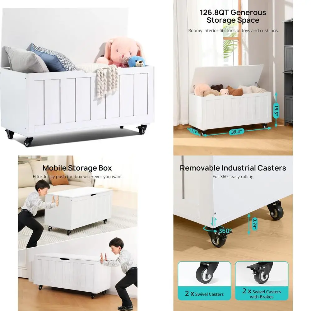 مقعد تخزين خشبي بعجلات ومفصلات، 39.4، يدعم 300 رطل، سهل التجميع، أبيض، مثالي لغرفة النوم وغرفة المعيشة
