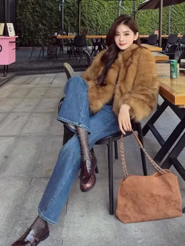 

Fashionable Retro Fur Coat Women's Eco-friendly Synthetic Leather Warmth Long Sleeve V-neck Whole Skin Banquet Daily Outdoor