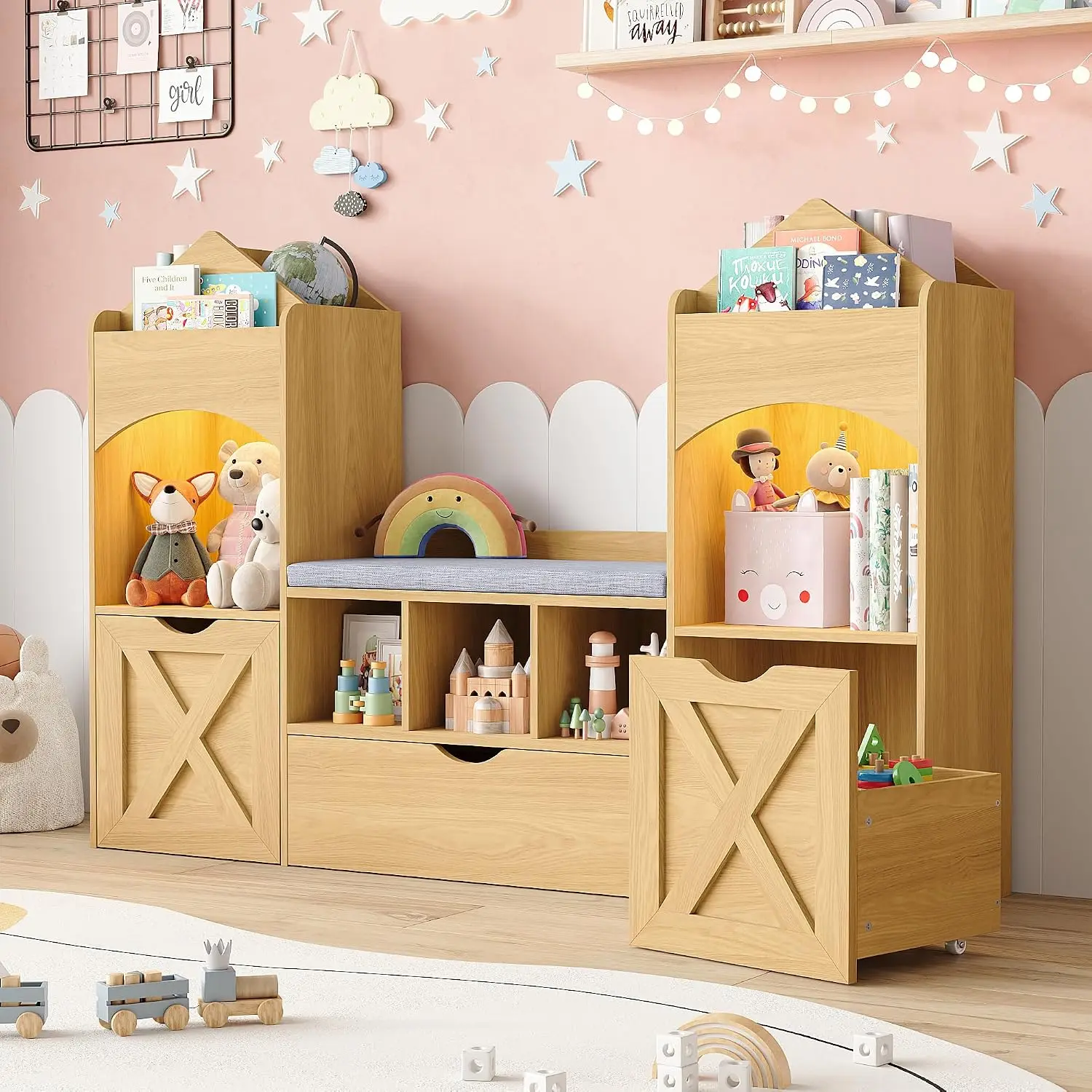 Castle Shaped Kids Bookshelf Reading Nook Oak Toy Storage Organizer Seat Led Lights 3 Movable Drawers Bookcase Bench Playroom Nu