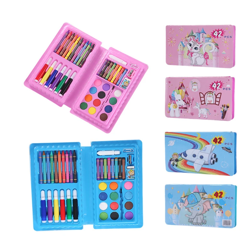 42PCS Children's Painting Set Students Art Brush Birthday Christmas Gift Watercolor Pens & Oil Pastels & Colored Pencils Tools