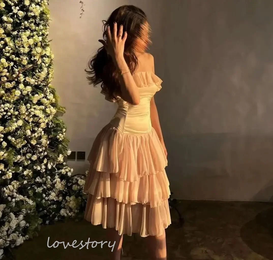 Lovestory Pink Homecoming Dress Girl Short Strapless Ruffled Chiffon Prom Dress Mini Evening Party Dress 2024 robes de soirée