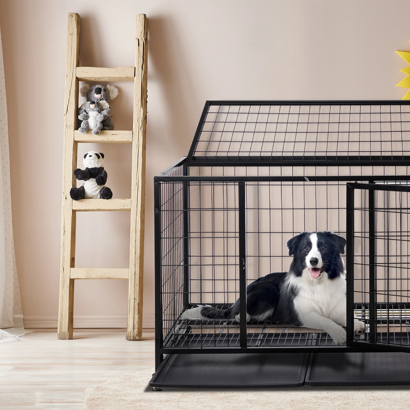 Metal Dog Cage Dog Kennel for Medium to Large Dogs with Double Doors, Lockable Wheels and Removable Trays for Indoor & Outdoor