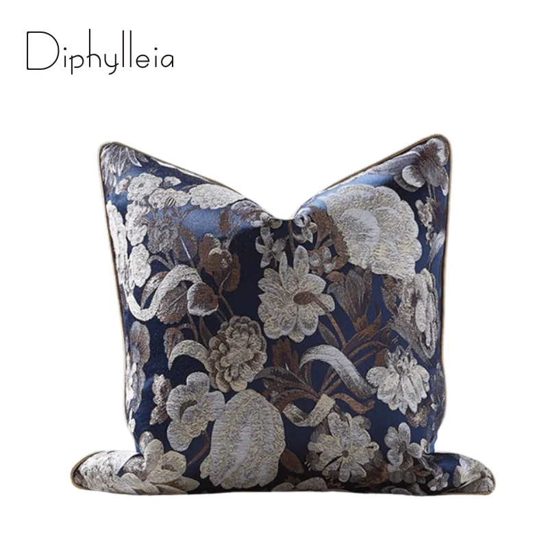 Diphylleia Cloisonné Floral Jacquard Cushion Cover Vintage Navy Blue Beige Gold Color Luxury Pillow Case For Sofa Couch Bedroom