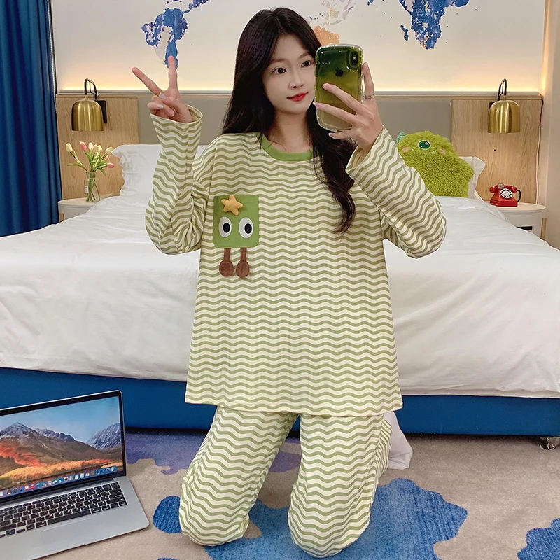 Stripe Green Pajama Set Women Cute Casual Sleepwear Long Sleeves Long Pants Autumn Winter Girls Pyjamas Soft Cozy Pijamas Ladies