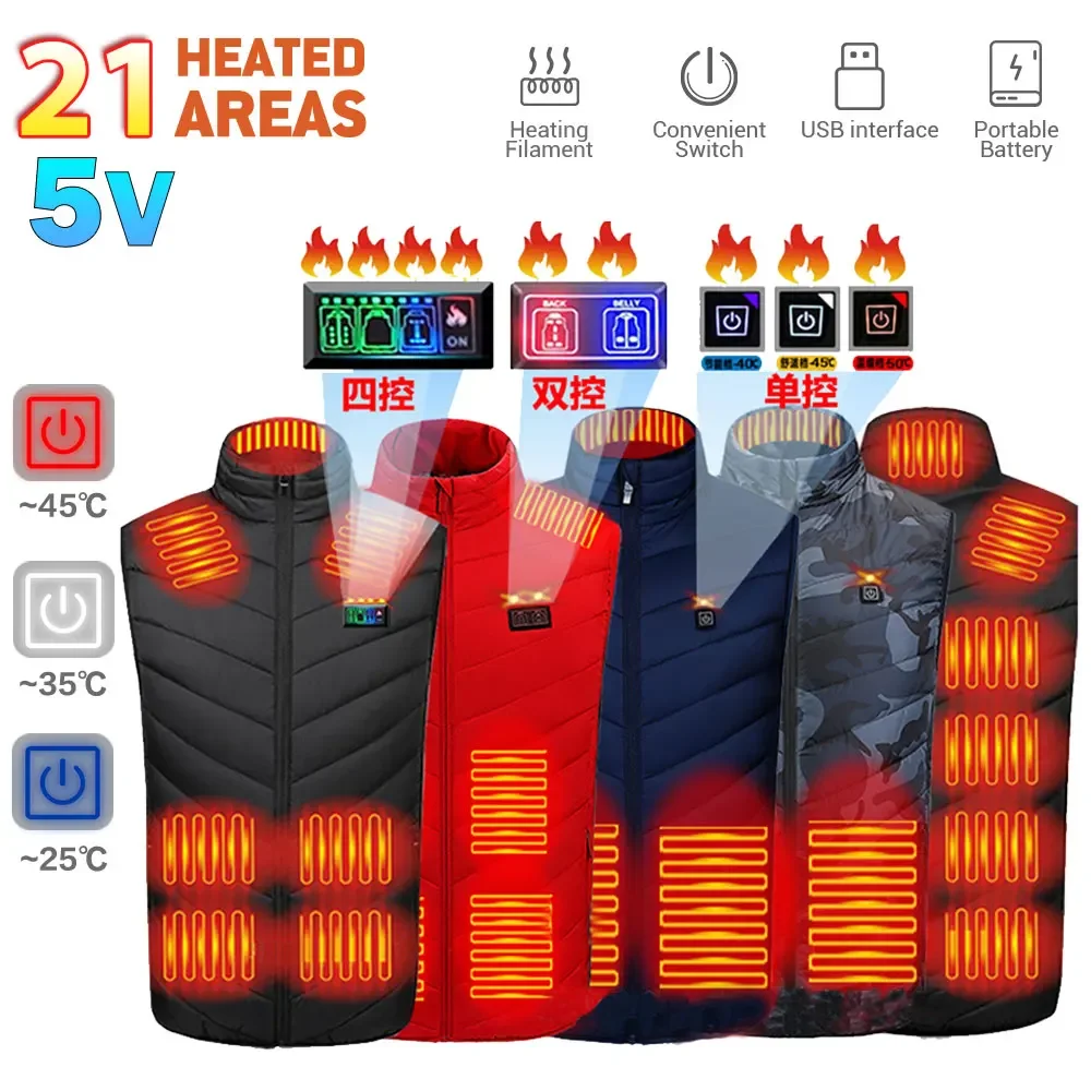 

21 Areas Heating Vest Winter Electric Heated Jackets Men Women Thermal Heated USB Winter Skiing Heating Jacket Bodywarmer Coat