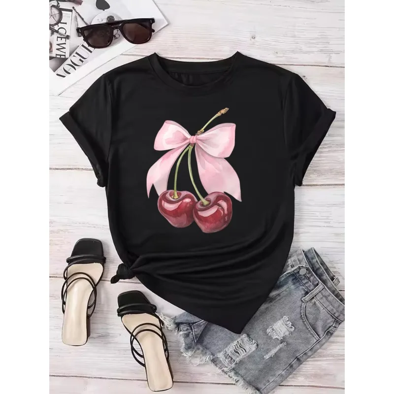 Damska koszulka z nadrukiem wiśni, krótki rękaw, okrągły dekolt, casualowa bluzka, odzież wiosenno-letnia, odzież damska, casualowa bluzka.