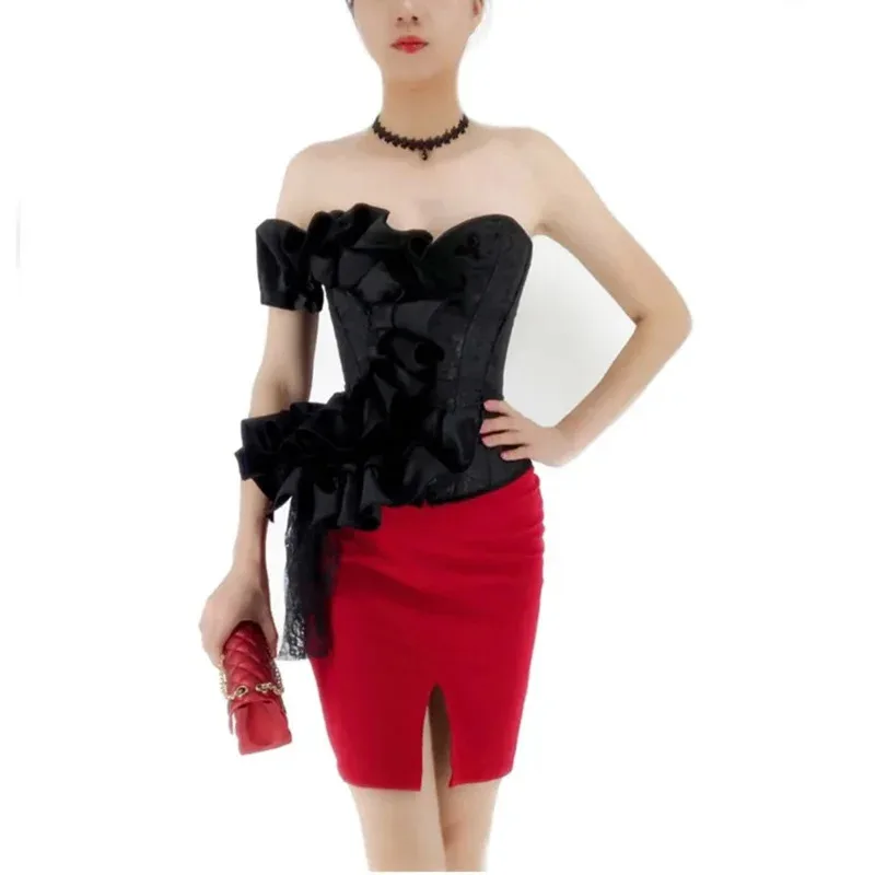 

Luxury Vintage Bustier Women Lace Floral Ruffle Jacquard Off Shoulder Masquerade Corset Sexy Overbust Slim Korsett DG7806s;2,k'5