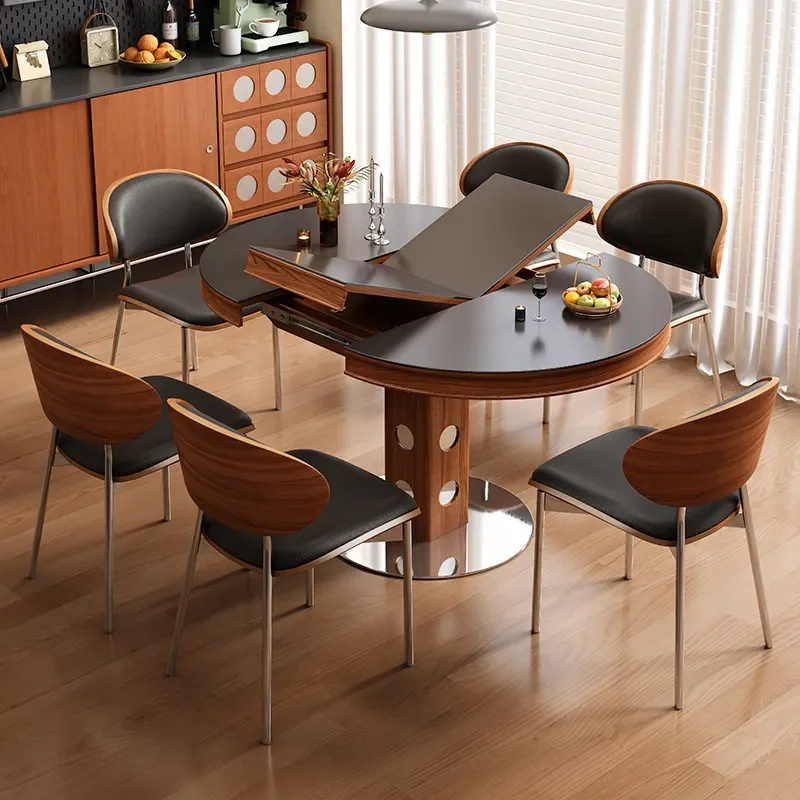 for Bauhaus Solid Wood Rock Slab Retractable Dining Table Oval Folding French Vintage Style Small Apartment Variable Round