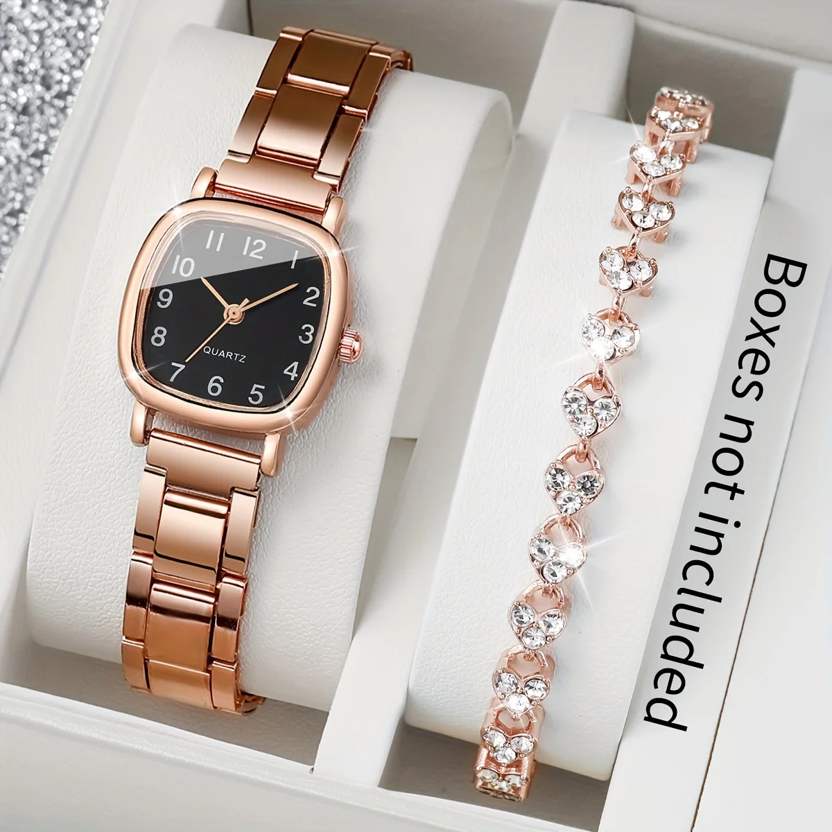 

3 Pcs Square Wrist Watches Zinc Alloy Strap Zinc Alloy Rhinestone Pointer And Bracelet Jewelry Set Exclude Watch Box