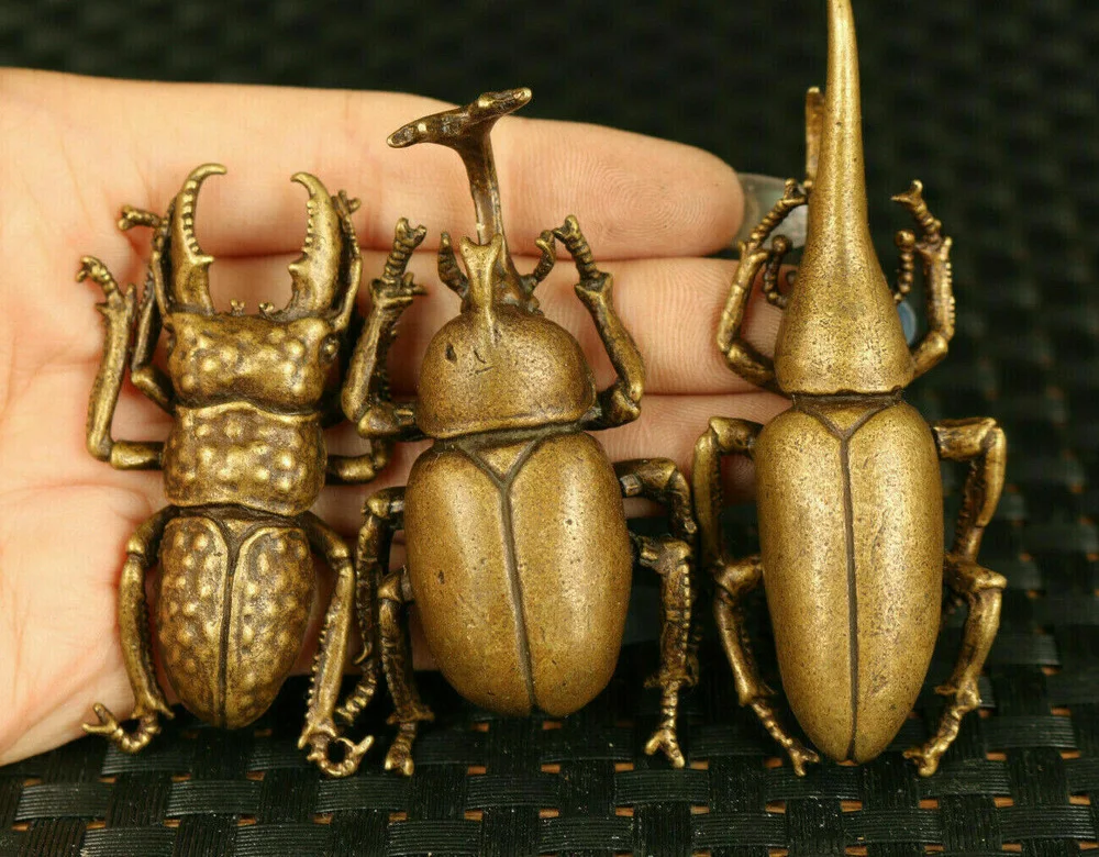 Unique Bronze 3 A Set Beetle Statue Figure Netsuke Tea Tray Decorate Tea Pet