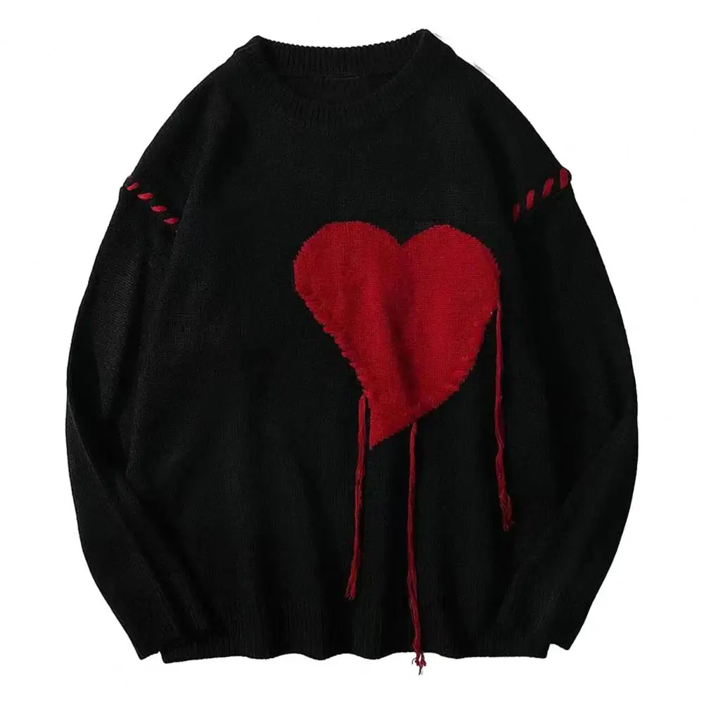 Fall Winter Sweater Heart Applique Color Matching Loose Knitted Sweater Elastic Soft Warm Unisex Pullover Daily Couple Sweater