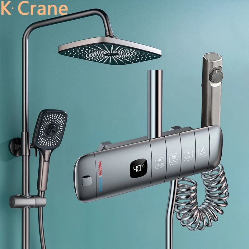 

LED Digital Bath Shower Faucet Bathroom Hot Cold Thermostatic Mixer Rain Shower System Bathtub Wall Mount SPA Rainfall Taps Set