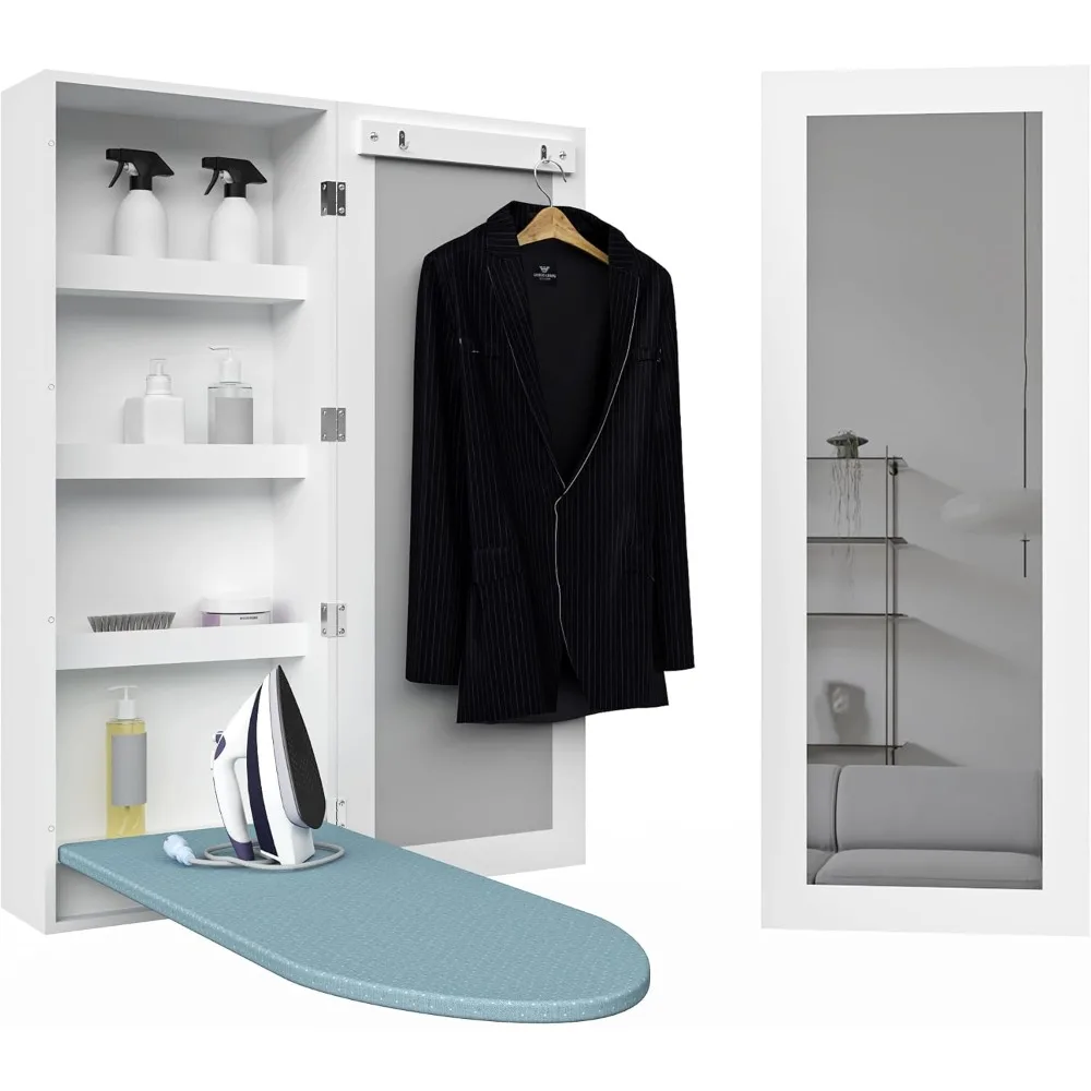 

Wall Mounted Ironing Board Cabinet, Built in Foldable Ironing Board Closet with Storage, Mirror Door,