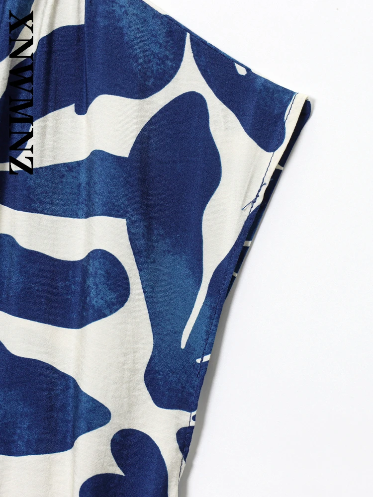 XNWMNZ 2025 Summer Women Clothing Holiday Chic V-Collar Sleeveless midi Dress boho Fashion Woman wrinkle Floral Dresses