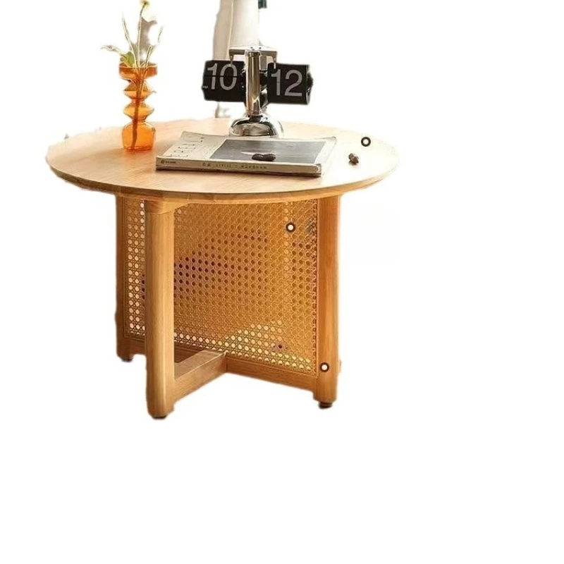 

Japanese-style solid wood rattan coffee table combination Nordic simple living room household small apartment round tea table