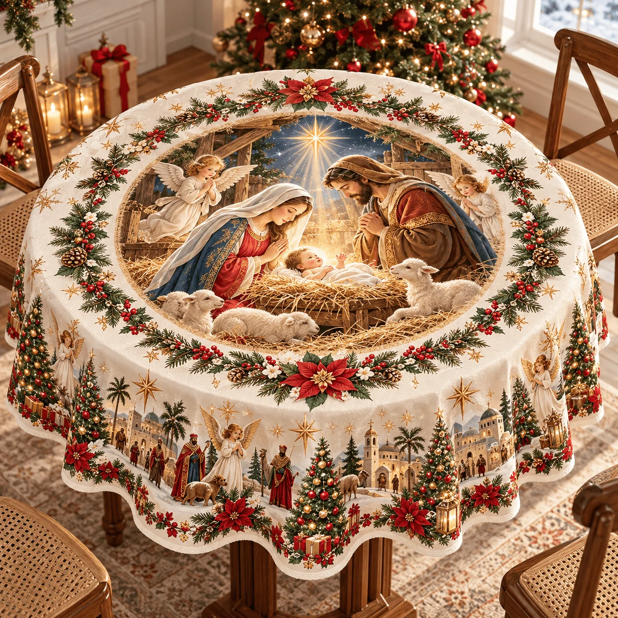 1 round tablecloth, nativity-themed polyester tablecloth, Holy Family manger, angel, star of Bethlehem, Christmas tre