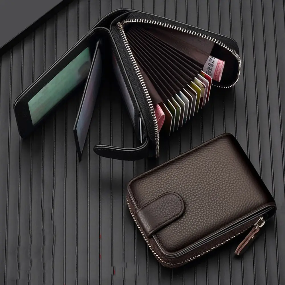 

11/16 Slots PU Leather Card Holder Large Capacity with Buckle Men's Zipper Wallet Compact RFID Protected Portable Coin Purse